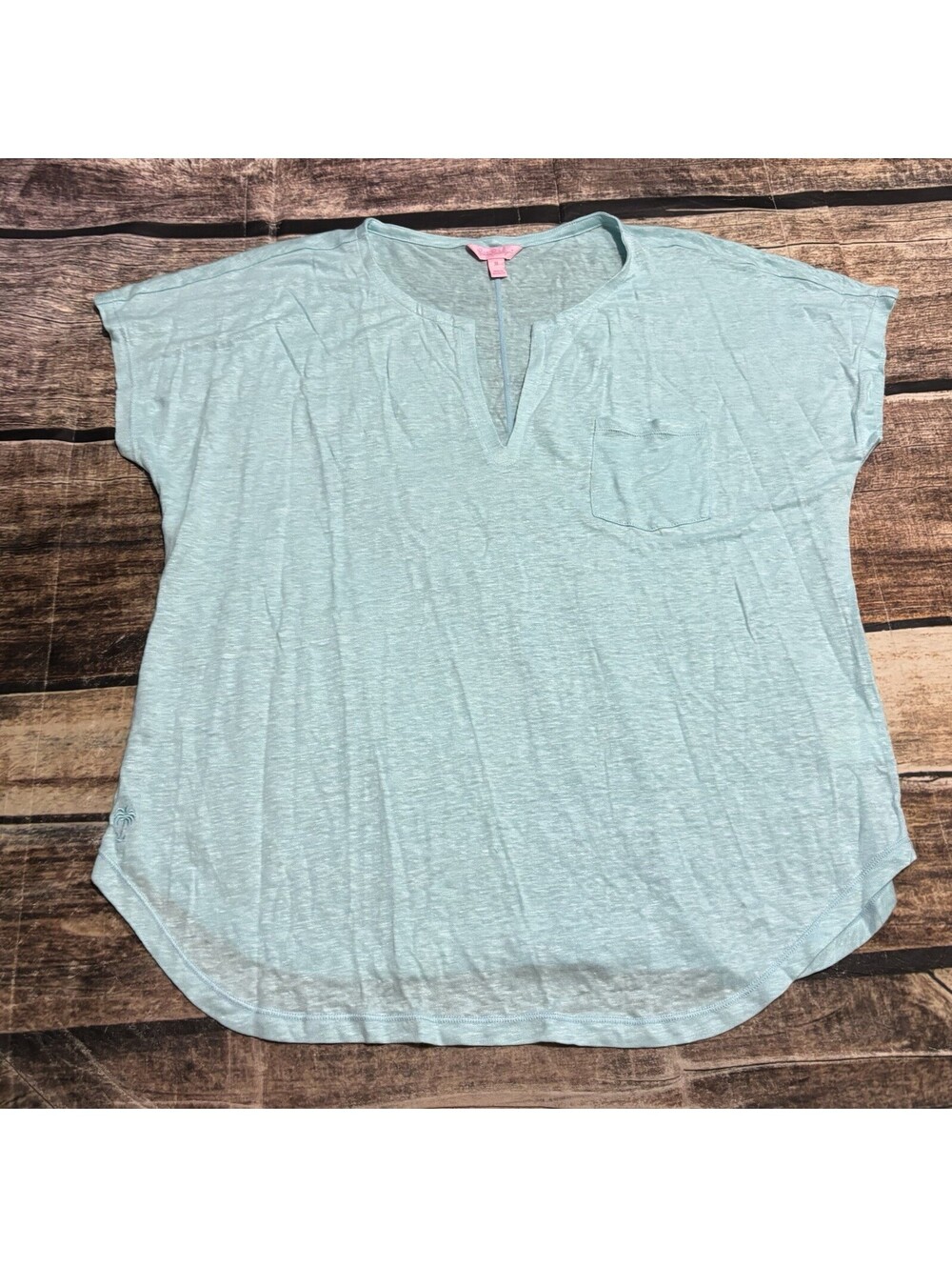 Lilly Pulitzer Top Womens XL Linen Blue V-Neck Pocket